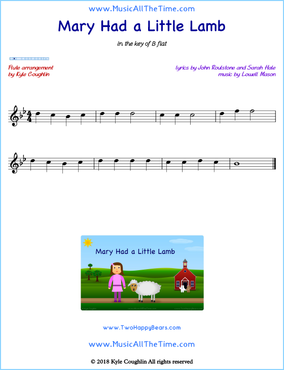 Mary Had a Little Lamb flute sheet music, arranged to play along with other wind and brass instruments. Free printable PDF.