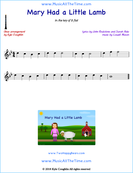Mary Had a Little Lamb oboe sheet music, arranged to play along with other wind and brass instruments. Free printable PDF.