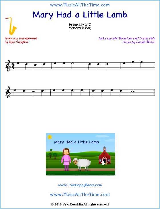 Mary Had a Little Lamb tenor saxophone sheet music, arranged to play along with other wind and brass instruments. Free printable PDF.