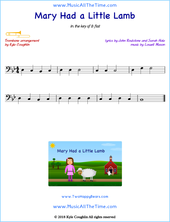 Mary Had a Little Lamb trombone sheet music, arranged to play along with other wind and brass instruments. Free printable PDF.