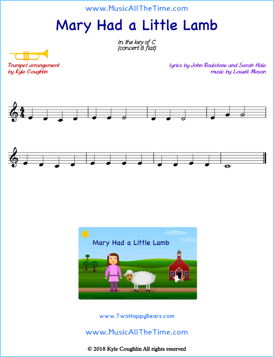 Mary Had a Little Lamb trumpet sheet music, arranged to play along with other wind and brass instruments. Free printable PDF.
