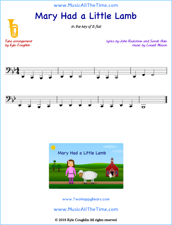 Mary Had a Little Lamb tuba sheet music, arranged to play along with other wind and brass instruments. Free printable PDF.