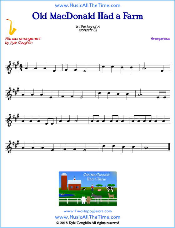Old MacDonald Had a Farm alto saxophone sheet music, arranged to play along with other wind and brass instruments. Free printable PDF.