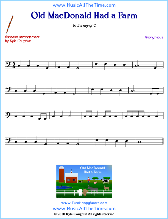 Old MacDonald Had a Farm bassoon sheet music, arranged to play along with other wind and brass instruments. Free printable PDF.