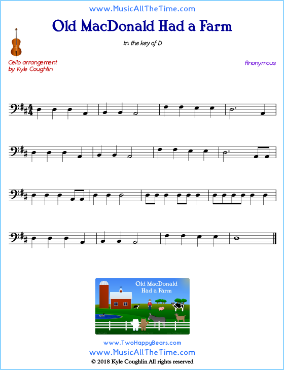 Old MacDonald Had a Farm cello sheet music, arranged to play along with other string instruments. Free printable PDF.