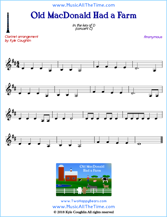Old MacDonald Had a Farm clarinet sheet music, arranged to play along with other wind and brass instruments. Free printable PDF.