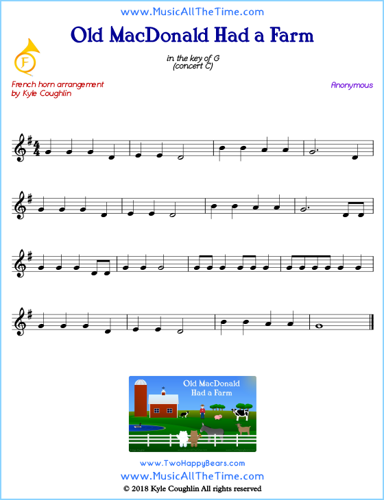 Old MacDonald Had a Farm French horn sheet music, arranged to play along with other wind and brass instruments. Free printable PDF.