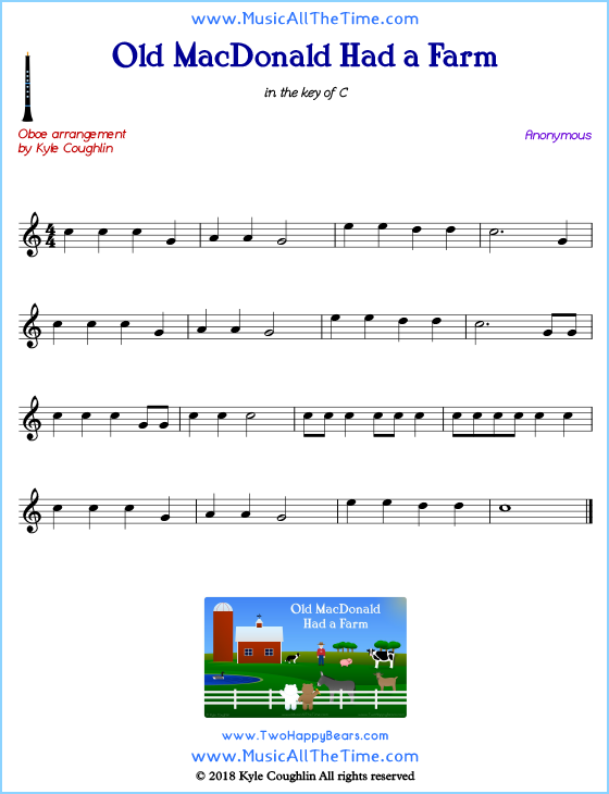 Old MacDonald Had a Farm oboe sheet music, arranged to play along with other wind and brass instruments. Free printable PDF.