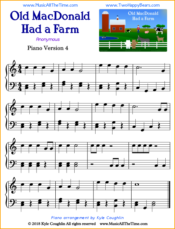 Old MacDonald Had a Farm intermediate sheet music for piano. Free printable PDF.