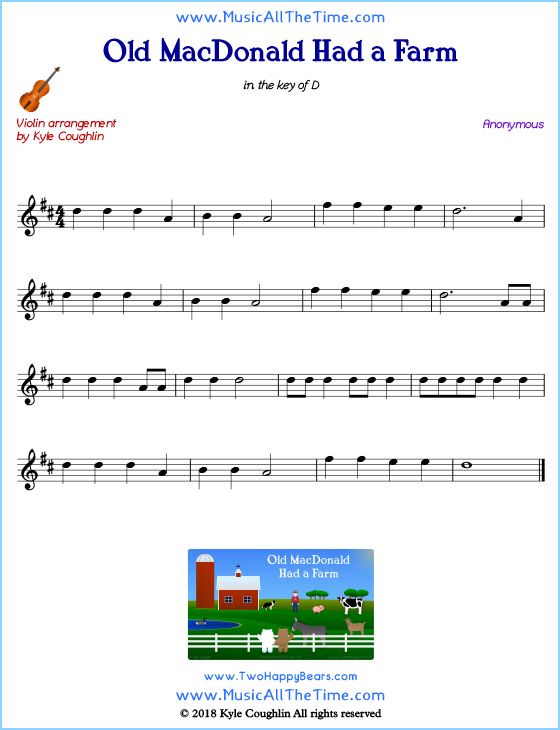 Old MacDonald Had a Farm violin sheet music, arranged to play along with other string instruments. Free printable PDF.