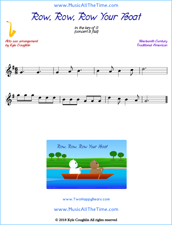 Row, Row, Row Your Boat alto saxophone sheet music, arranged to play along with other wind and brass instruments. Free printable PDF.