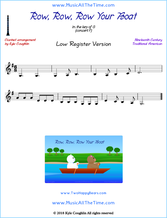 Row, Row, Row Your Boat solo clarinet sheet music that is entirely in the lower register. Free printable PDF.