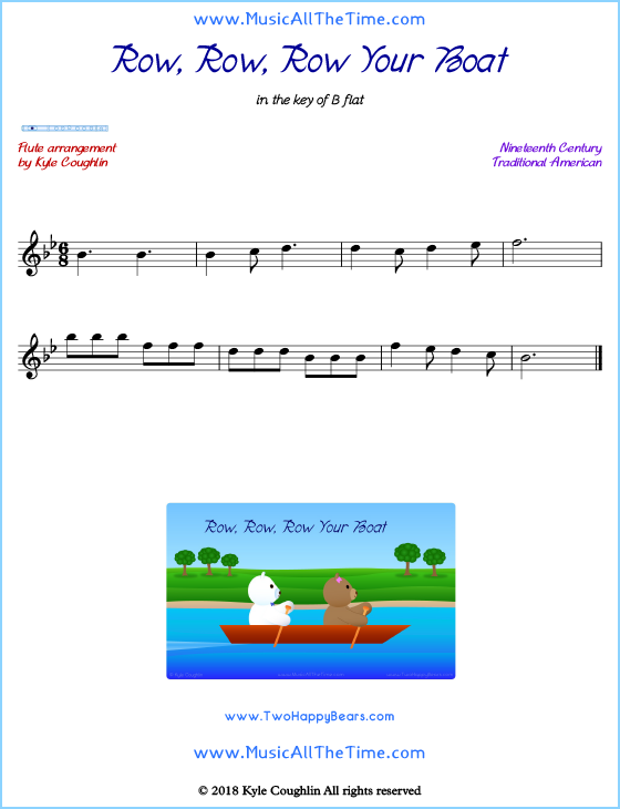 Row, Row, Row Your Boat flute sheet music, arranged to play along with other wind and brass instruments. Free printable PDF.
