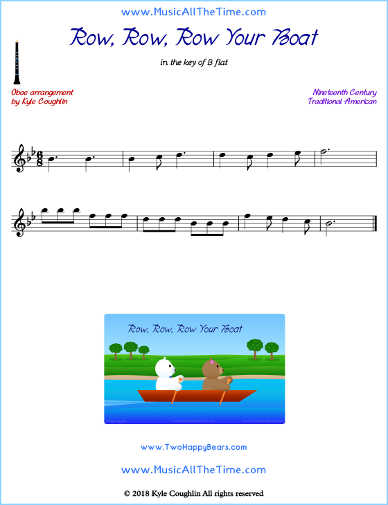 Row, Row, Row Your Boat oboe sheet music, arranged to play along with other wind and brass instruments. Free printable PDF.
