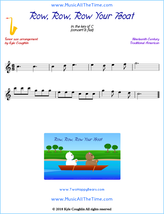Row, Row, Row Your Boat tenor saxophone sheet music, arranged to play along with other wind and brass instruments. Free printable PDF.
