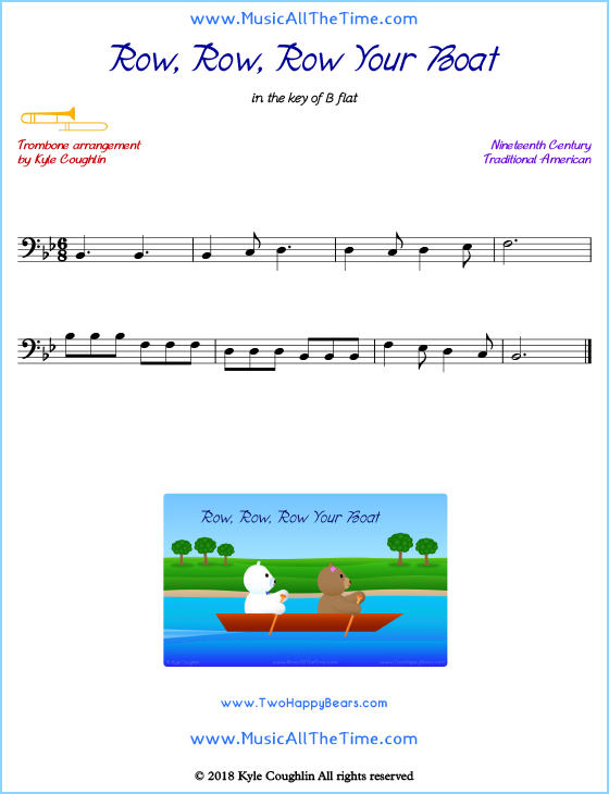 Row, Row, Row Your Boat trombone sheet music, arranged to play along with other wind and brass instruments. Free printable PDF.