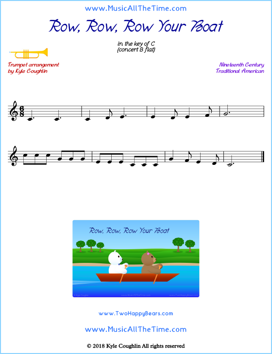Row, Row, Row Your Boat trumpet sheet music, arranged to play along with other wind and brass instruments. Free printable PDF.