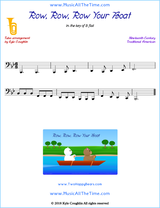 Row, Row, Row Your Boat tuba sheet music, arranged to play along with other wind and brass instruments. Free printable PDF.