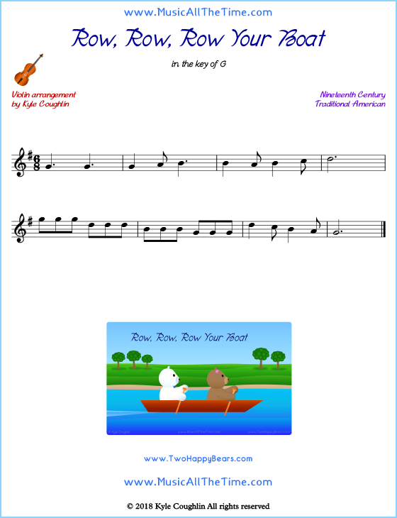 Row, Row, Row Your Boat violin sheet music, arranged to play along with other string instruments. Free printable PDF.