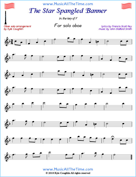 The Star Spangled Banner solo oboe sheet music.  Free printable PDF.
