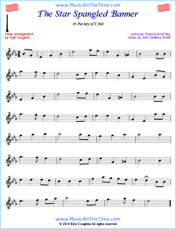 The Star Spangled Banner oboe sheet music, arranged to play along with other wind and brass instruments. Free printable PDF.