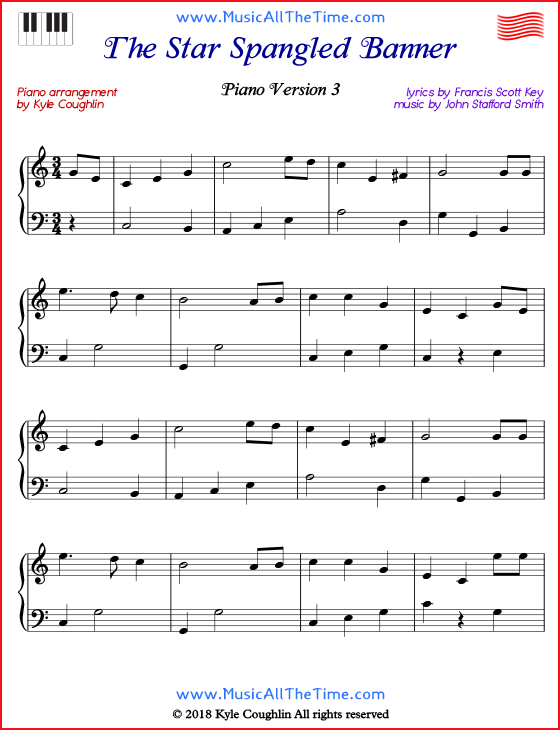 The Star Spangled Banner simple sheet music for piano. Free printable PDF.
