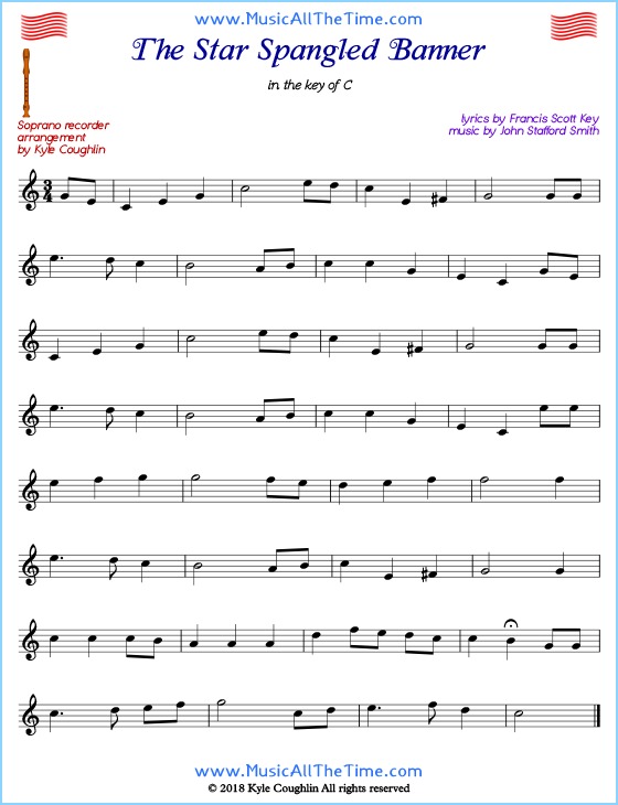 The Star Spangled Banner soprano recorder sheet music. Free printable PDF.