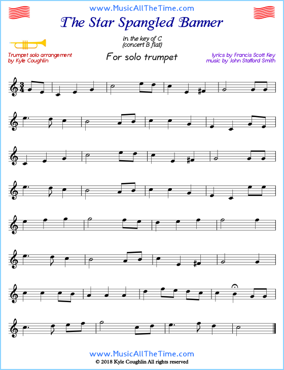 Star Spangled Banner trumpet sheet music. Free printable PDF.
