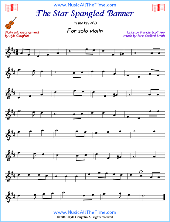 The Star Spangled Banner for solo violin. Free printable PDF.