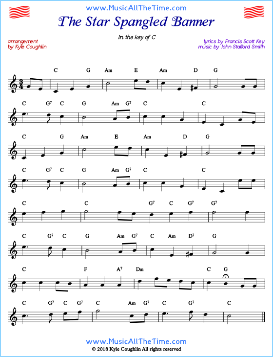 Star Spangled Banner lead sheet music with chords and melody.