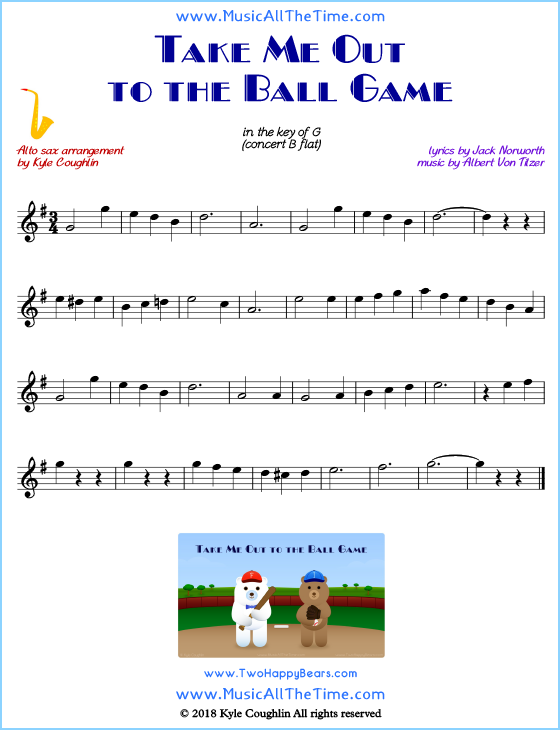 Take Me Out to the Ball Game alto saxophone sheet music, arranged to play along with other wind and brass instruments. Free printable PDF.