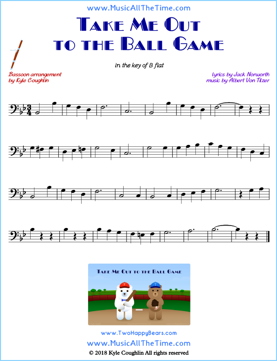 Take Me Out to the Ball Game bassoon sheet music, arranged to play along with other wind and brass instruments. Free printable PDF.