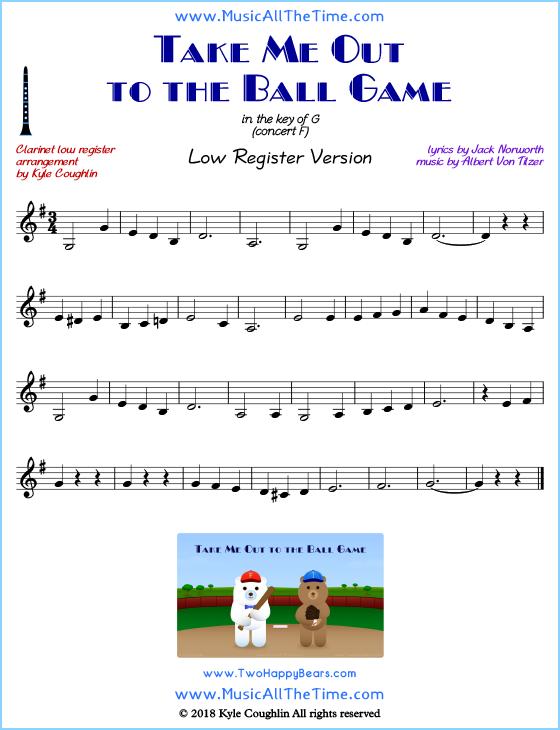Take Me Out to the Ball Game solo clarinet sheet music that is entirely in the lower register. Free printable PDF.