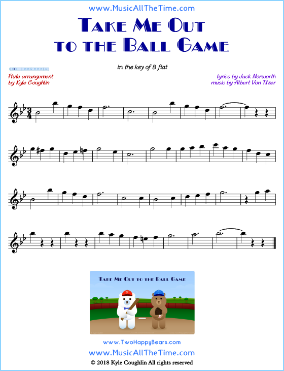 Take Me Out to the Ball Game flute sheet music, arranged to play along with other wind and brass instruments. Free printable PDF.