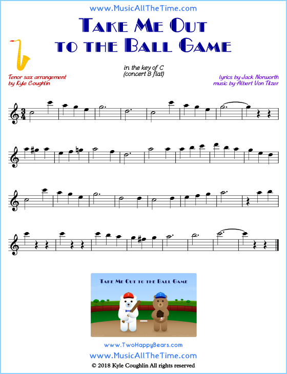 Take Me Out to the Ball Game tenor saxophone sheet music, arranged to play along with other wind and brass instruments. Free printable PDF.