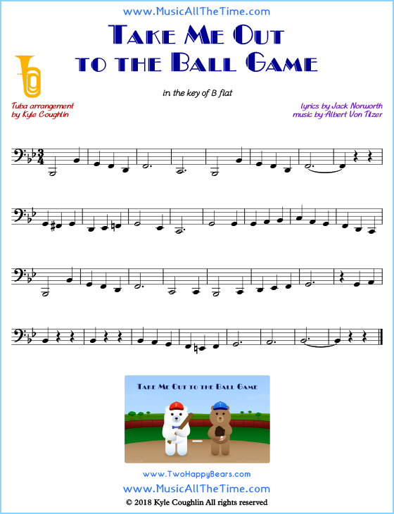 Take Me Out to the Ball Game tuba sheet music, arranged to play along with other wind and brass instruments. Free printable PDF.