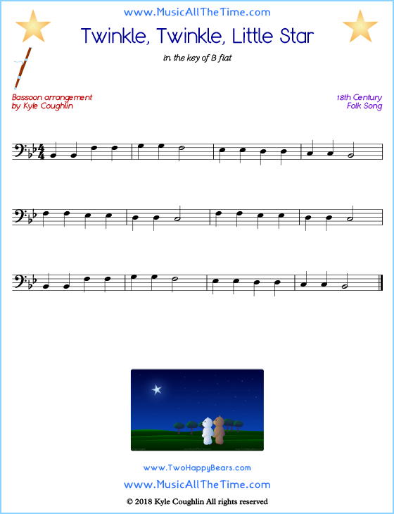 Twinkle, Twinkle, Little Star bassoon sheet music, arranged to play along with other wind and brass instruments. Free printable PDF.