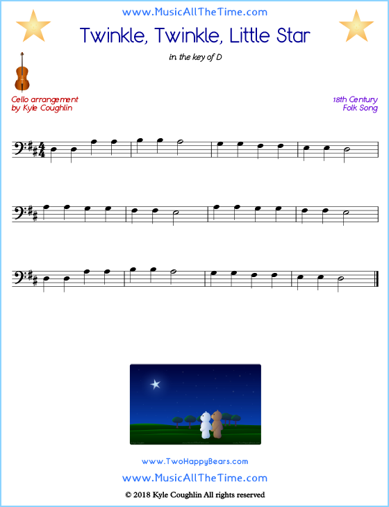 Twinkle, Twinkle, Little Star cello sheet music, arranged to play along with other string instruments. Free printable PDF.