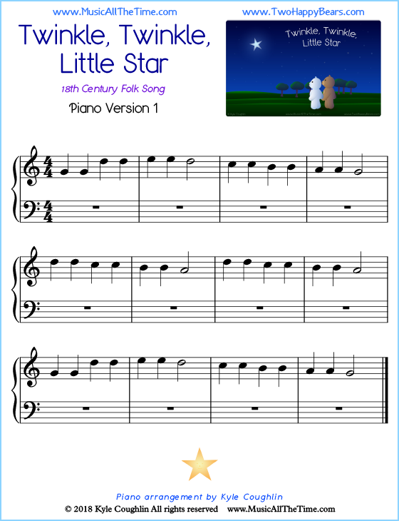 Twinkle, Twinkle, Little Star beginner sheet music for piano. Free printable PDF.