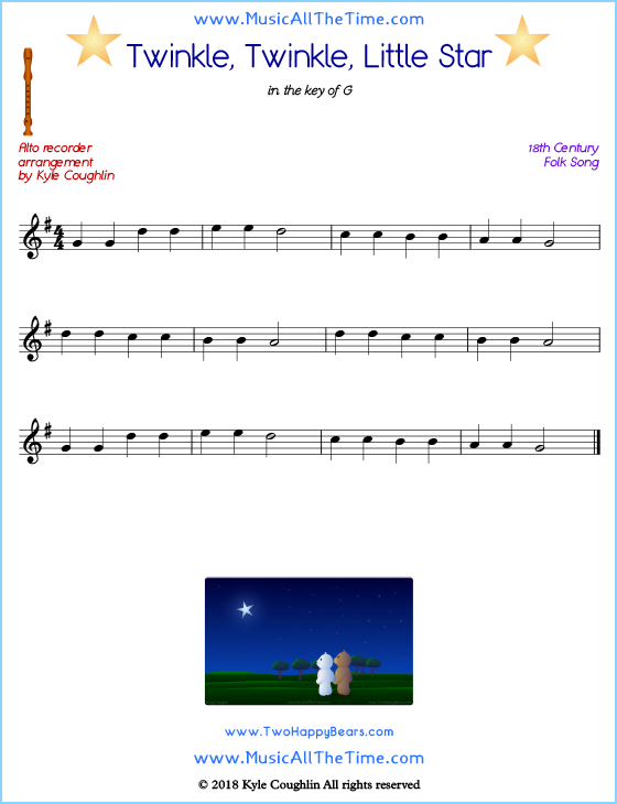 Twinkle, Twinkle, Little Star alto recorder sheet music. Free printable PDF.