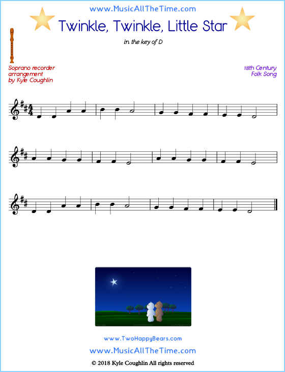 Twinkle, Twinkle, Little Star soprano recorder sheet music. Free printable PDF.