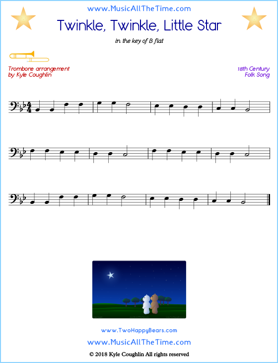 Twinkle, Twinkle, Little Star trombone sheet music, arranged to play along with other wind and brass instruments. Free printable PDF.