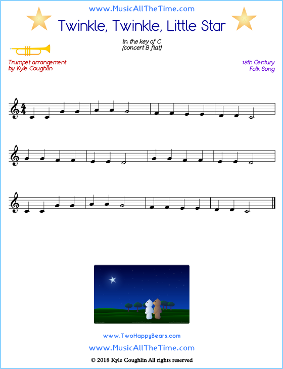 Twinkle, Twinkle, Little Star trumpet sheet music, arranged to play along with other wind and brass instruments. Free printable PDF.