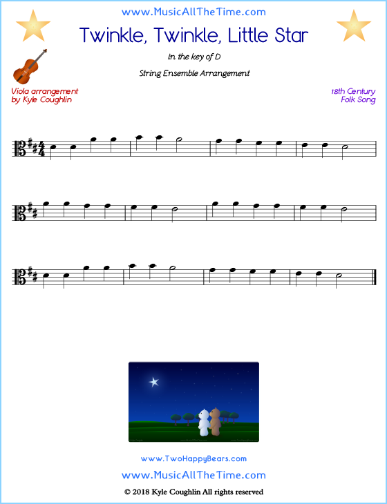 Twinkle, Twinkle, Little Star viola sheet music, arranged to play along with other string instruments. Free printable PDF.