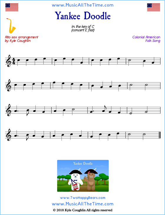 Yankee Doodle alto saxophone sheet music, arranged to play along with other wind and brass instruments. Free printable PDF.