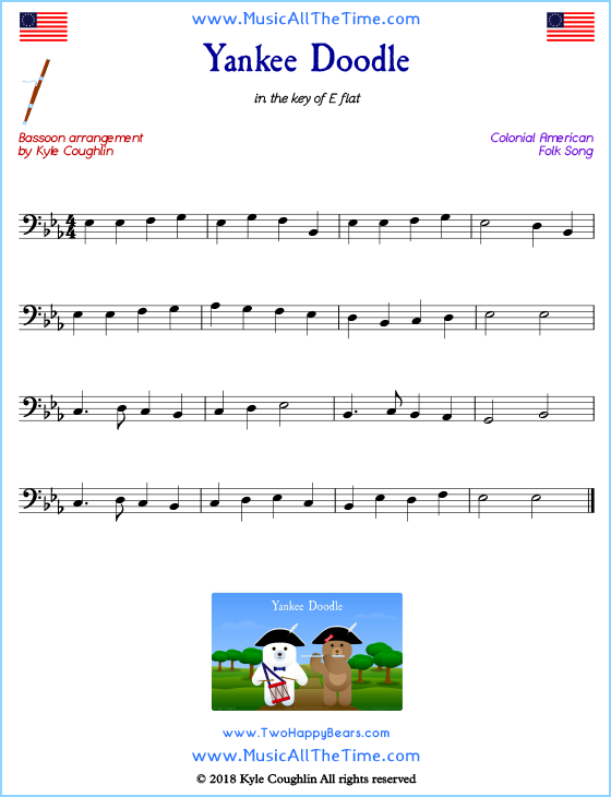 Yankee Doodle bassoon sheet music, arranged to play along with other wind and brass instruments. Free printable PDF.