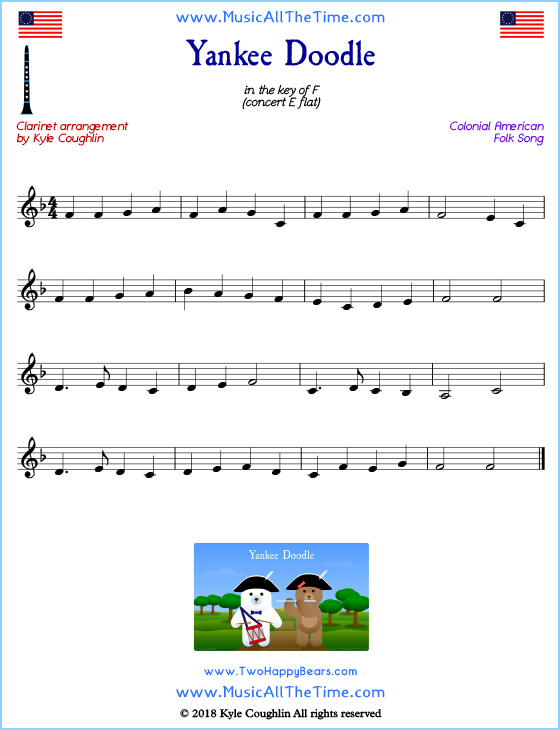 Yankee Doodle clarinet sheet music, arranged to play along with other wind and brass instruments. Free printable PDF.
