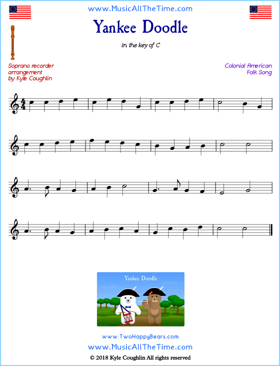 Yankee Doodle soprano recorder sheet music. Free printable PDF.