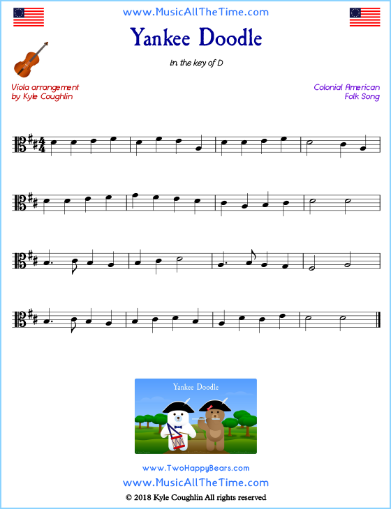 Yankee Doodle viola sheet music, arranged to play along with other string instruments. Free printable PDF.