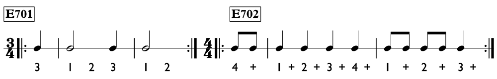 Rhythm exercises with pickup notes in 2/4, 3/4, and 4/4 - Time Lines Unit 7.
